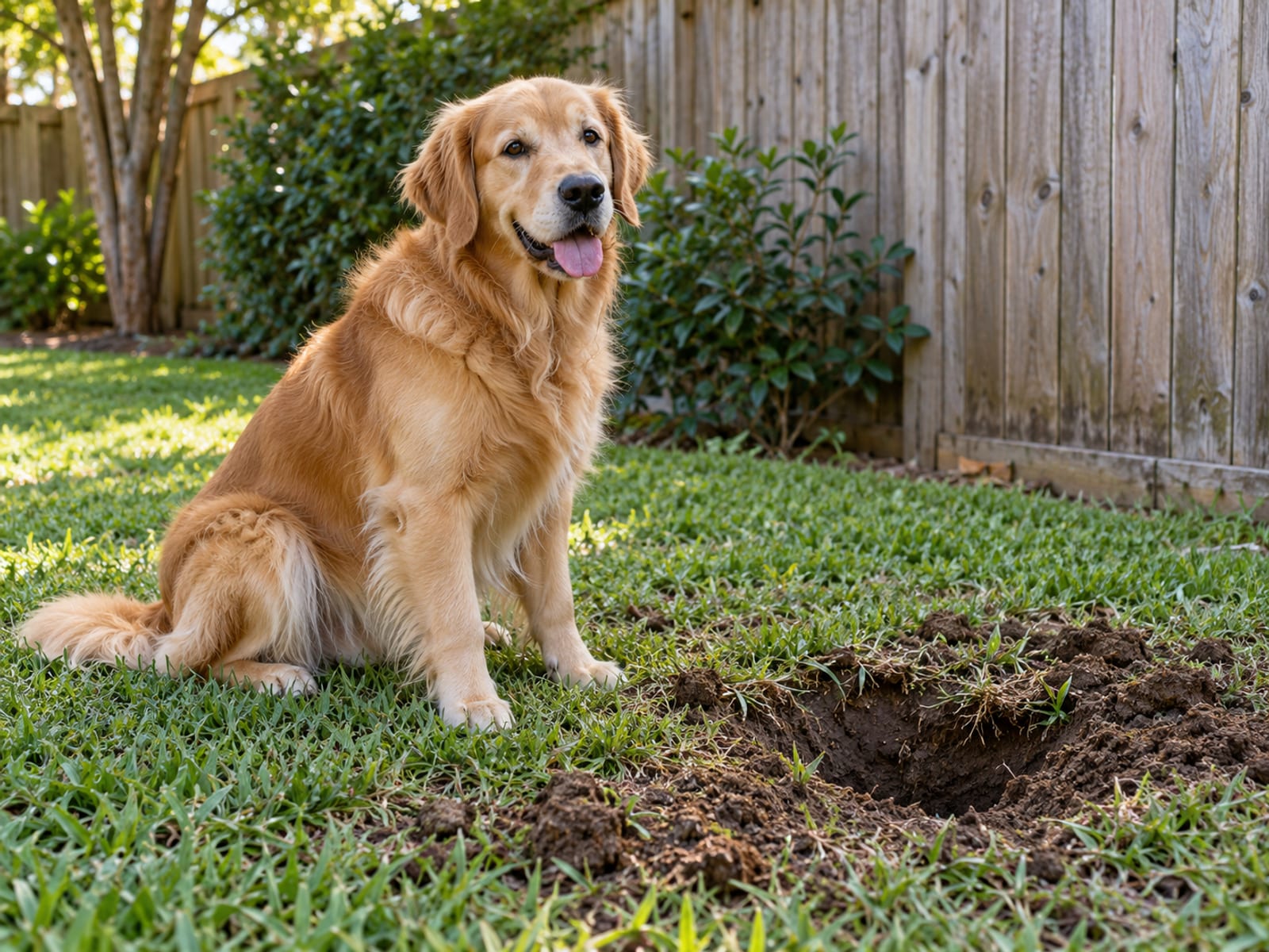 Golden retriever sitting beside a shallow dug hole near a wooden fence on St. Augustine grass