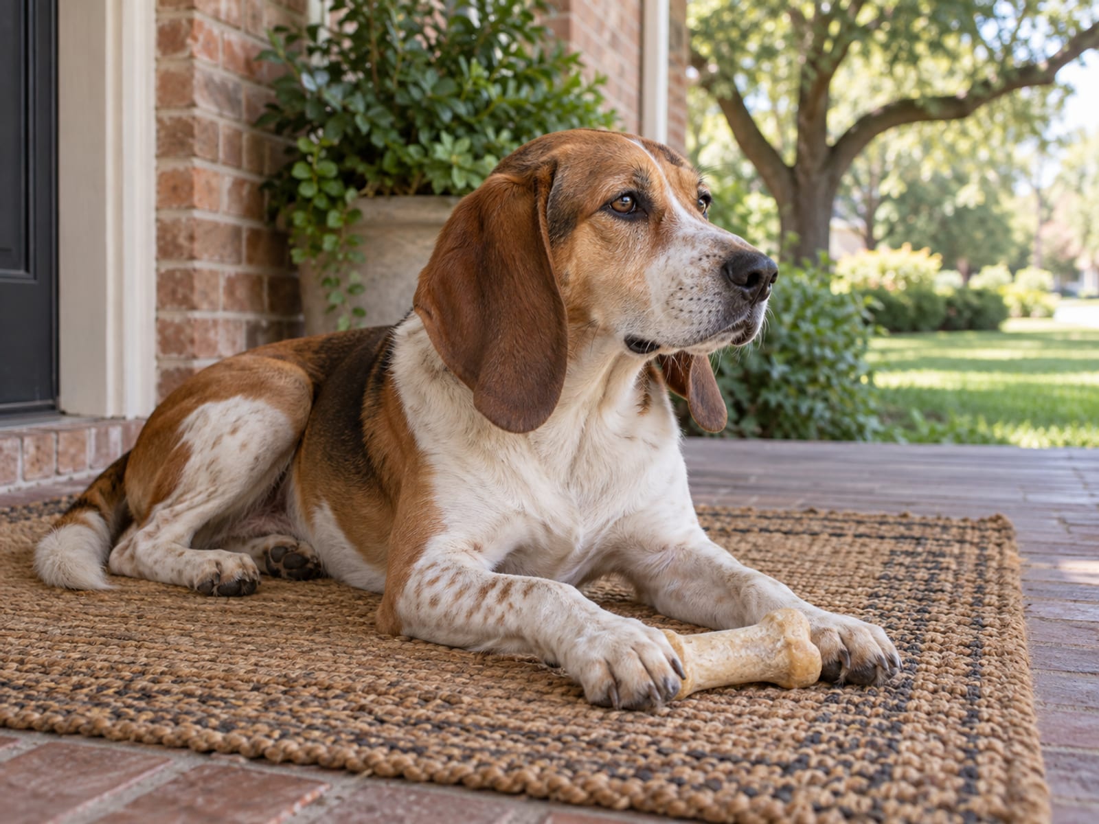 Hound mix lying on a porch mat with a chew bone between its front paws looking out at the yard
