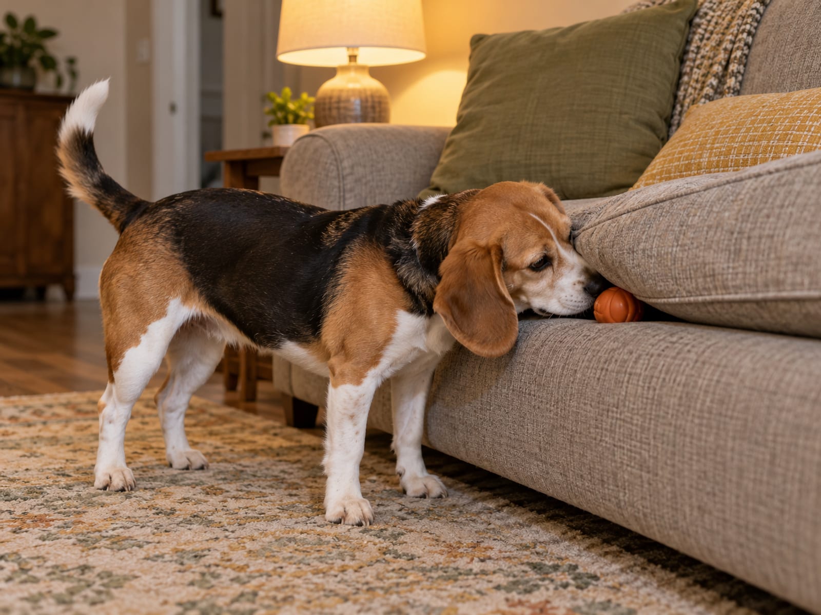 Beagle nosing at a couch cushion on a living room sofa where a rubber toy is half tucked
