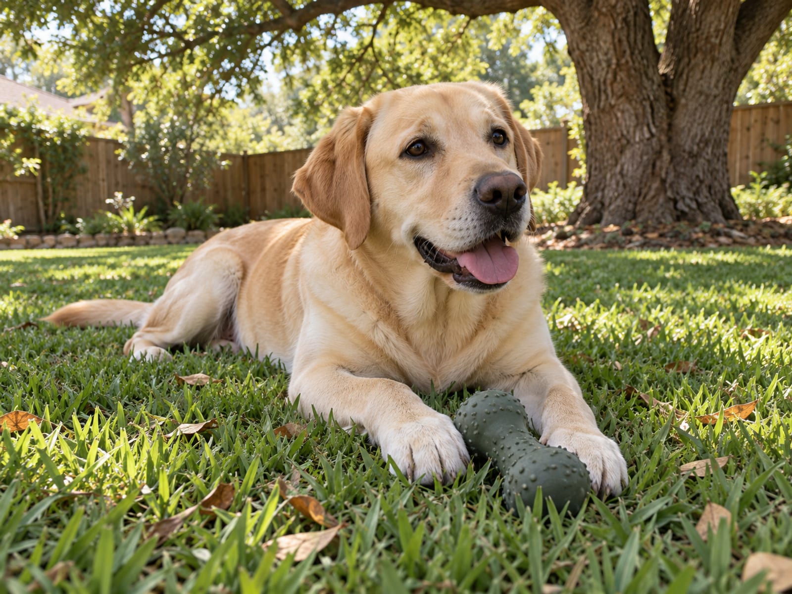 Labrador retriever lying on a backyard lawn with a rubber chew toy between its paws in live oak shade