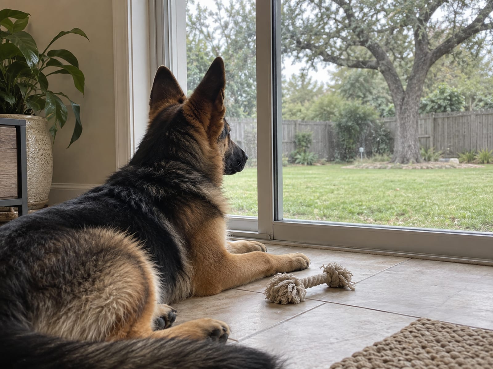 Young German shepherd lying by a sliding glass door looking out at an empty backyard, a rope toy beside it