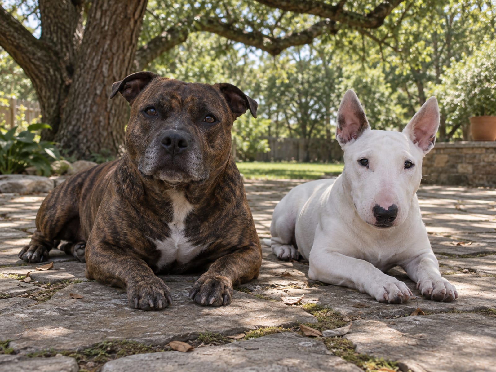 Brindle Staffordshire bull terrier and white miniature bull terrier lying side by side on a shaded patio under a live oak