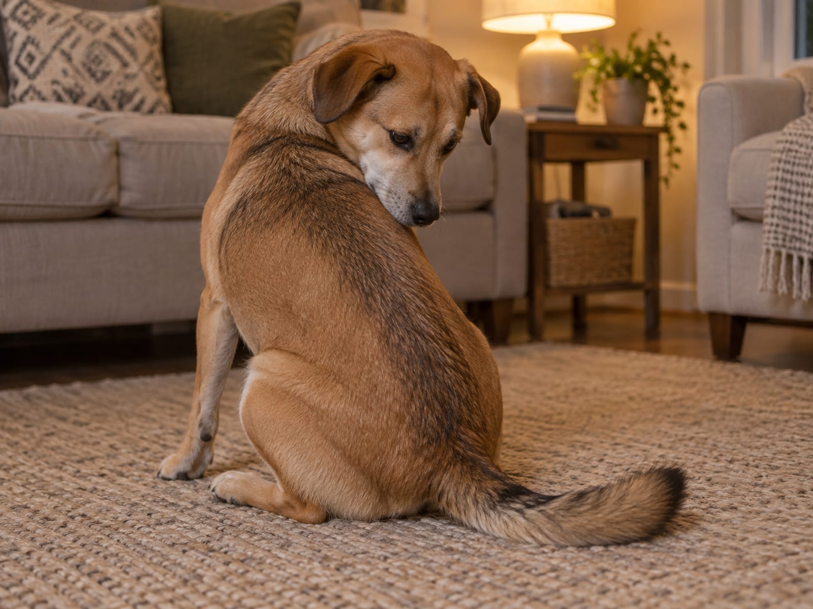 Medium tan mixed-breed dog sitting on a living room rug looking back over its shoulder toward its own tail