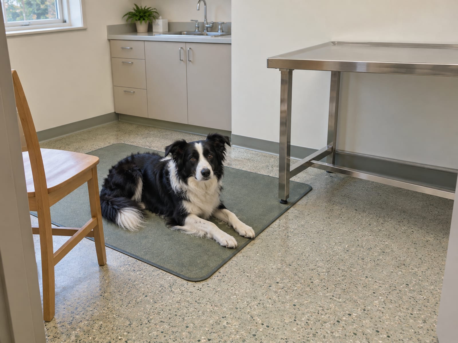 Border collie lying calmly on a mat beside a chair in a quiet veterinary exam room with an empty exam table