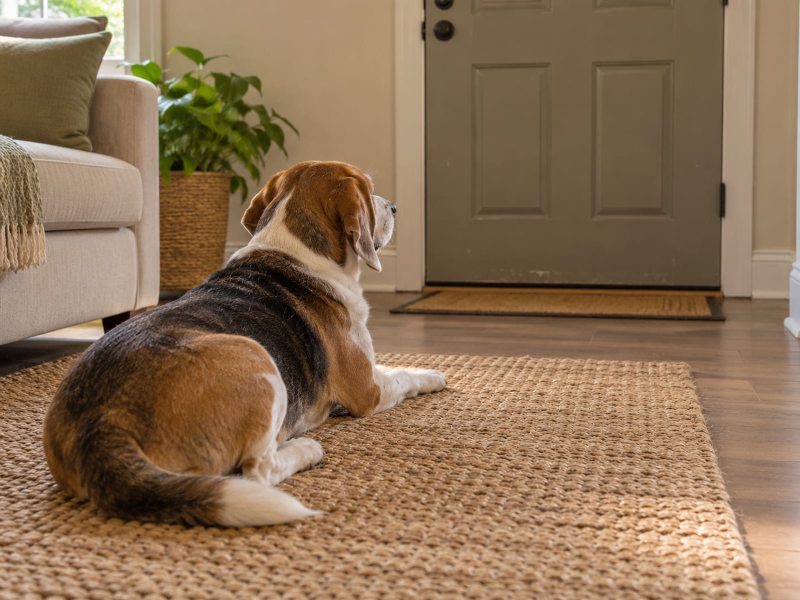 Calm beagle mix lying on a rug in a tidy quiet living room facing a closed front door
