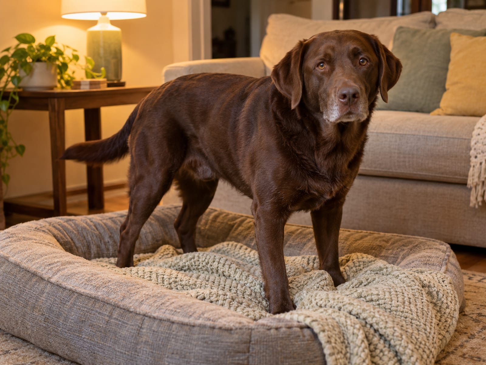 Labrador mix standing on a dog bed in a living room with its front paws pressed into the blanket as if about to settle
