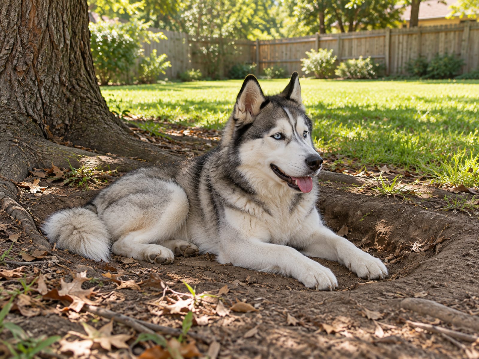 Siberian husky lying in a shallow shaded hollow of bare dirt beneath a live oak at the edge of a backyard with a bright lawn beyond