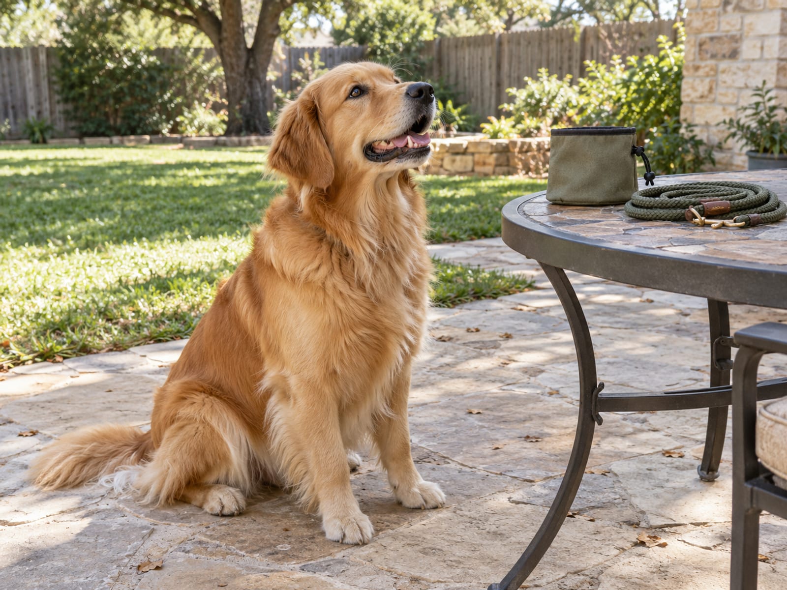Golden retriever sitting on a backyard patio looking up off-frame with a small treat pouch and a coiled leash on a patio table beside it