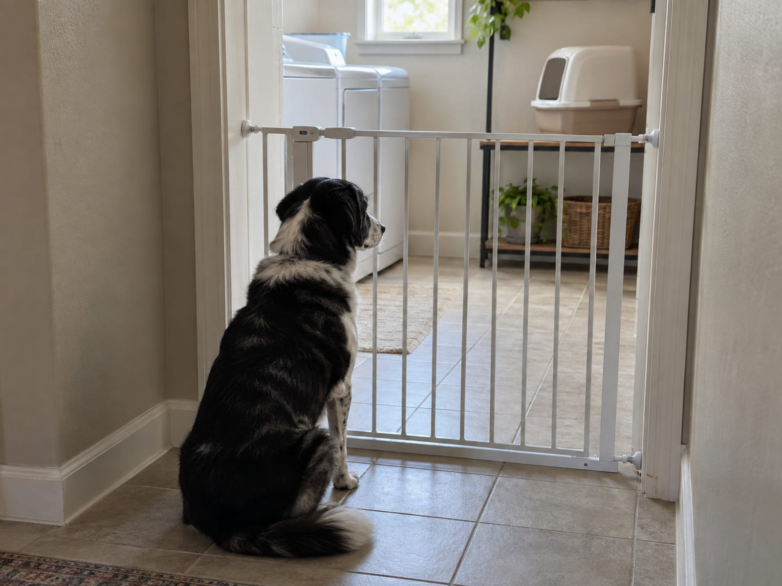 Covered litter box on a raised shelf in a laundry room behind a pressure baby gate, a dog sitting outside the gate