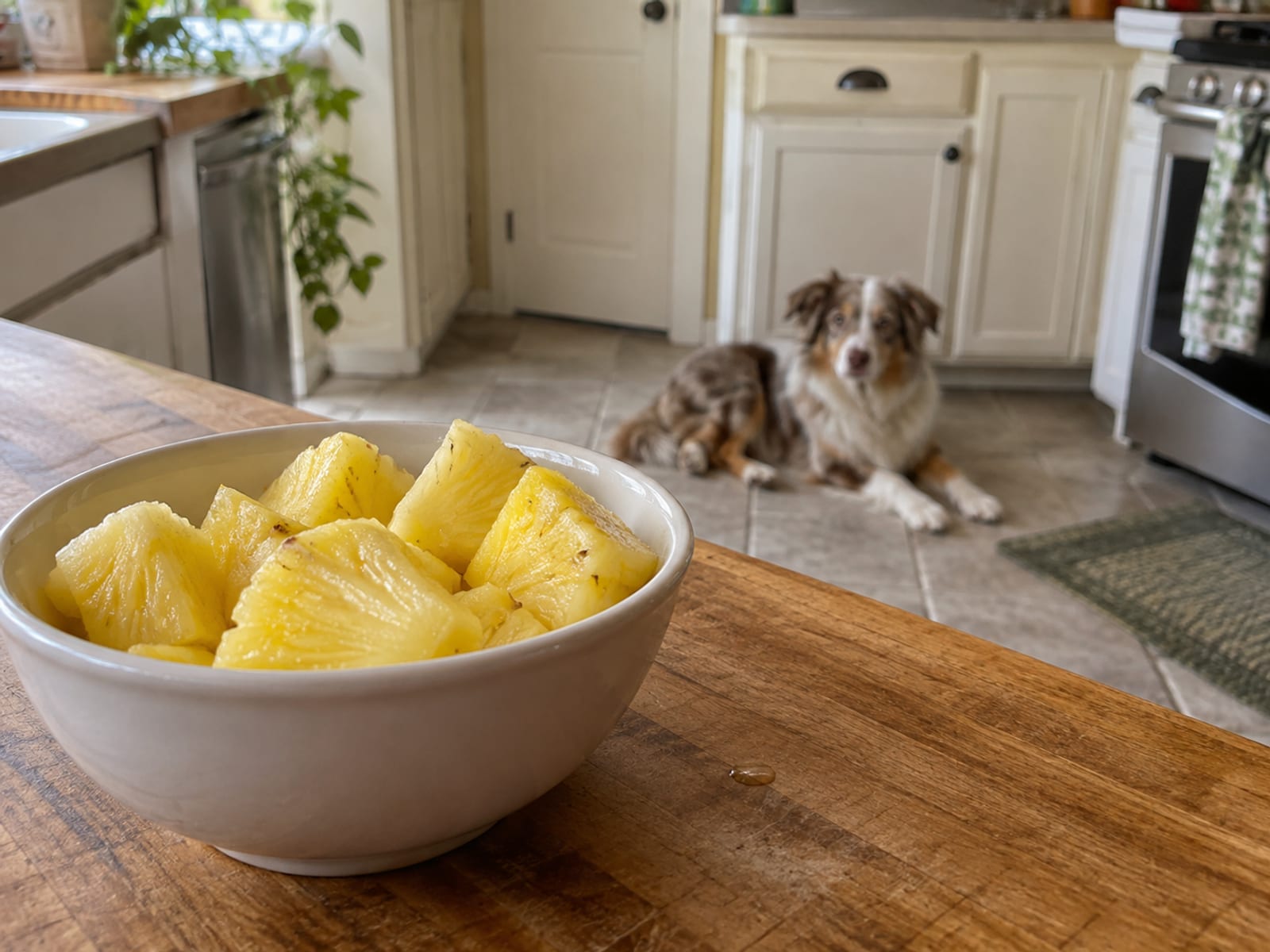 Small bowl of fresh pineapple chunks on a kitchen counter, a dog lying on the floor across the kitchen