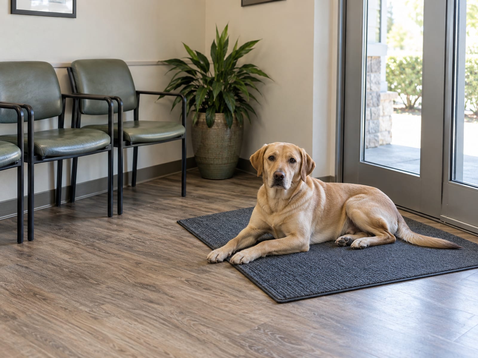 Dog lying calmly on a mat near the door of a veterinary clinic waiting room with empty chairs