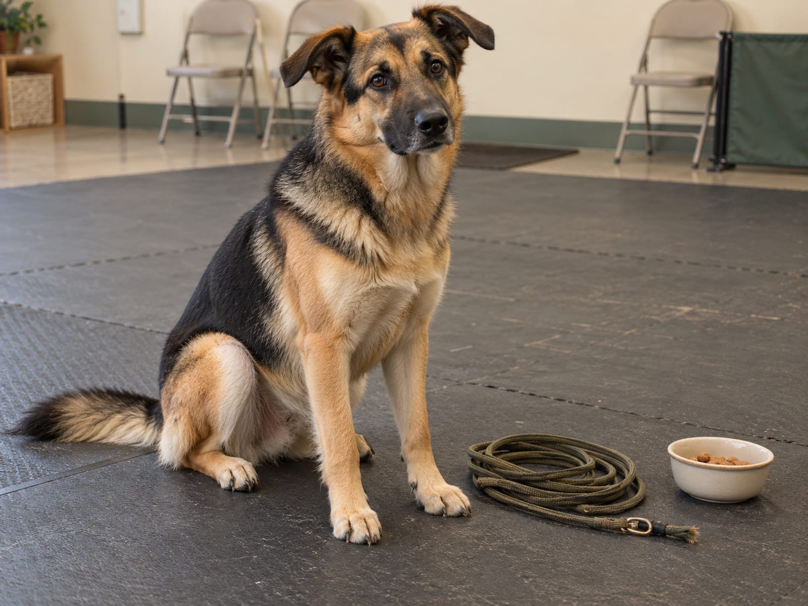Mixed breed shepherd sitting on a rubber mat beside a coiled long line and a small bowl of soft treats