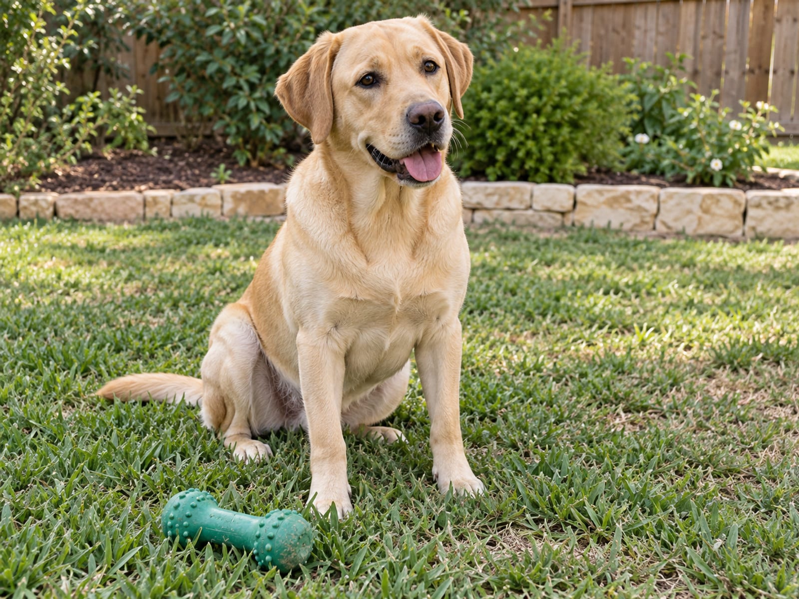 Young yellow Labrador retriever sitting on a backyard lawn beside a rubber chew toy with a stone edged flowerbed behind