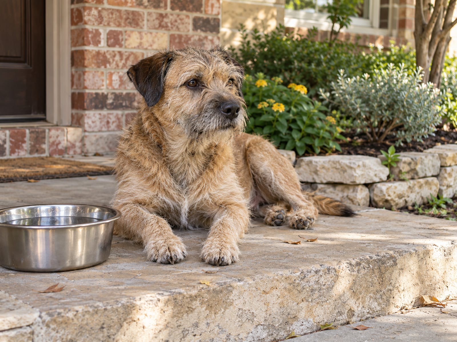 Border terrier lying calmly on a front porch step beside a steel water bowl with a stone edged flowerbed behind