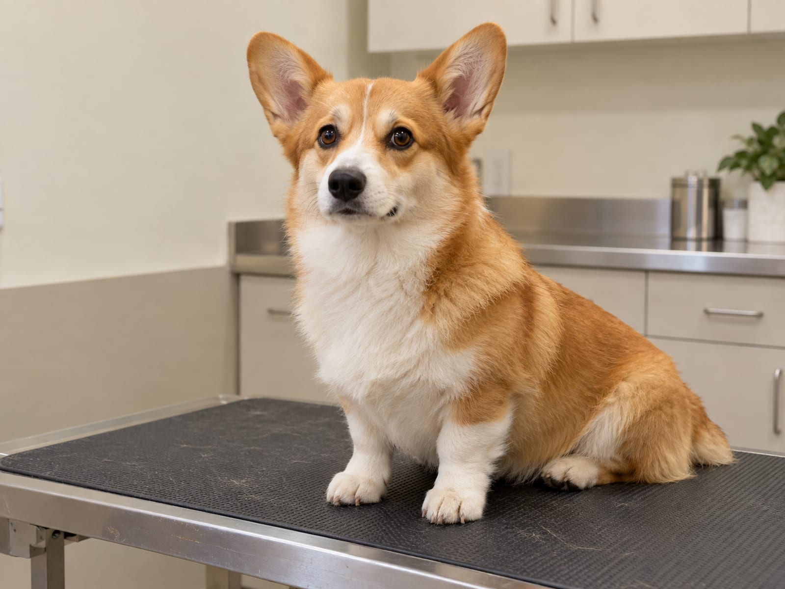 Corgi sitting calmly on a clean exam table in a quiet veterinary exam room