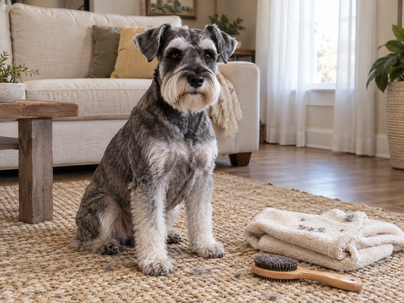Freshly groomed schnauzer mix sitting on a living room rug with a neatly trimmed muzzle, a folded towel and brush beside it