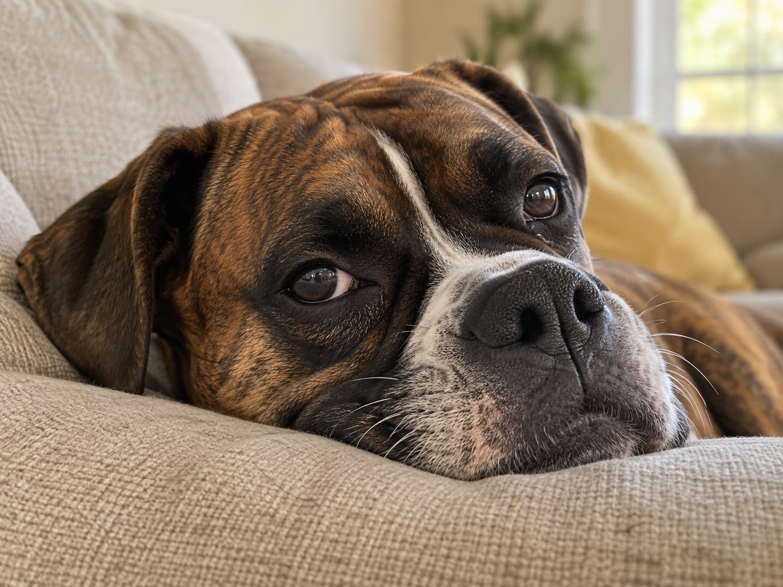 Close view of a relaxed brindle boxer's face resting on a sofa cushion, whiskers and brows clearly visible