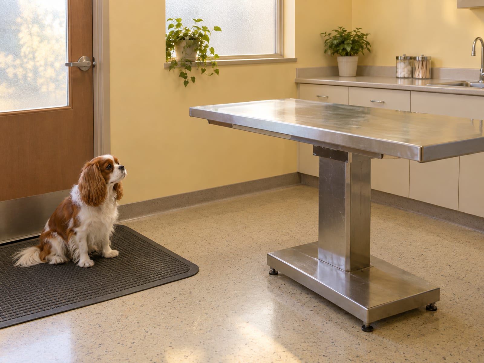Veterinary exam room with an empty stainless exam table, a Cavalier King Charles spaniel sitting calmly on a mat by the door