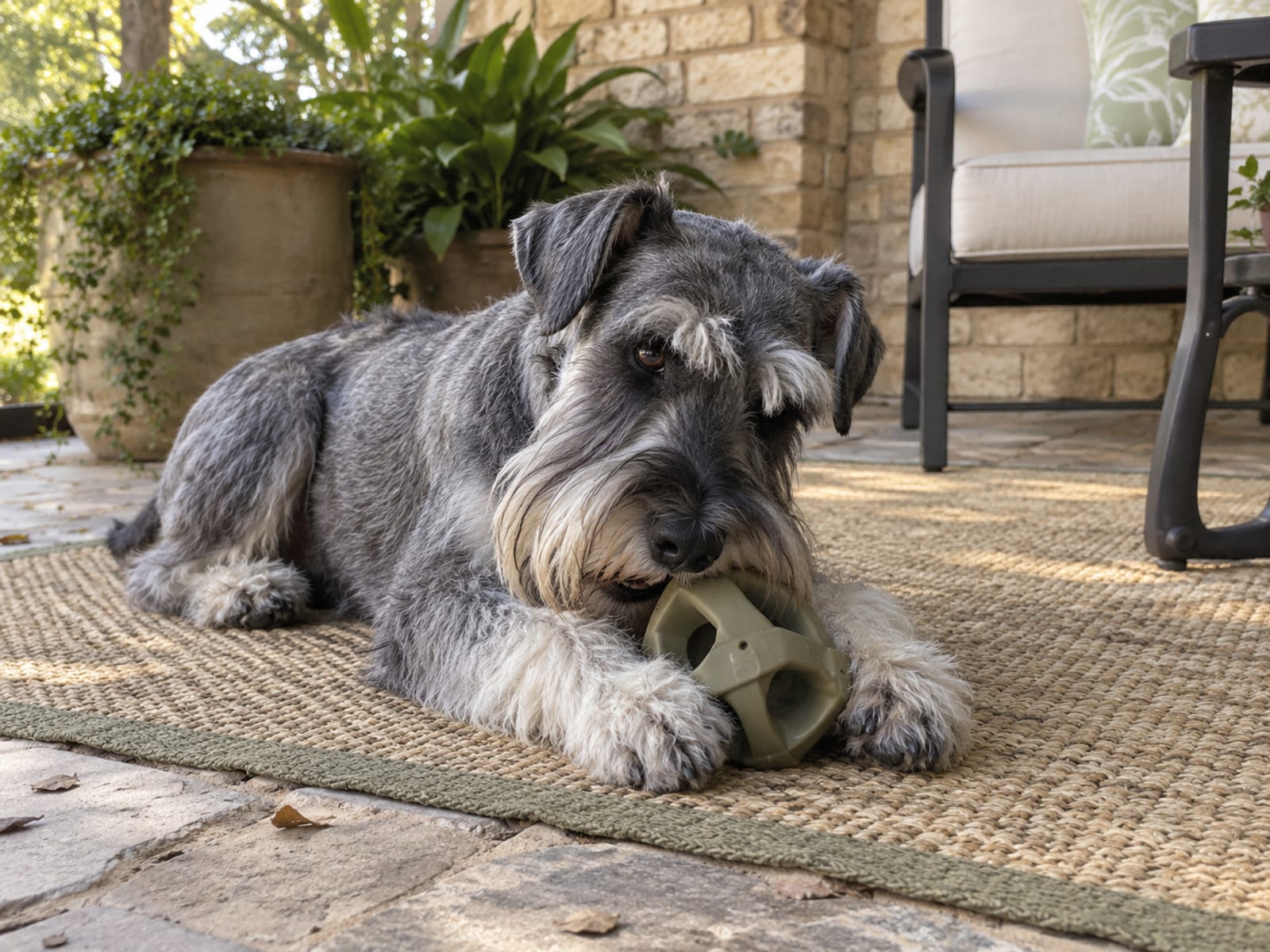 Grey standard schnauzer lying on a patio mat chewing a plain unlabeled rubber puzzle toy.