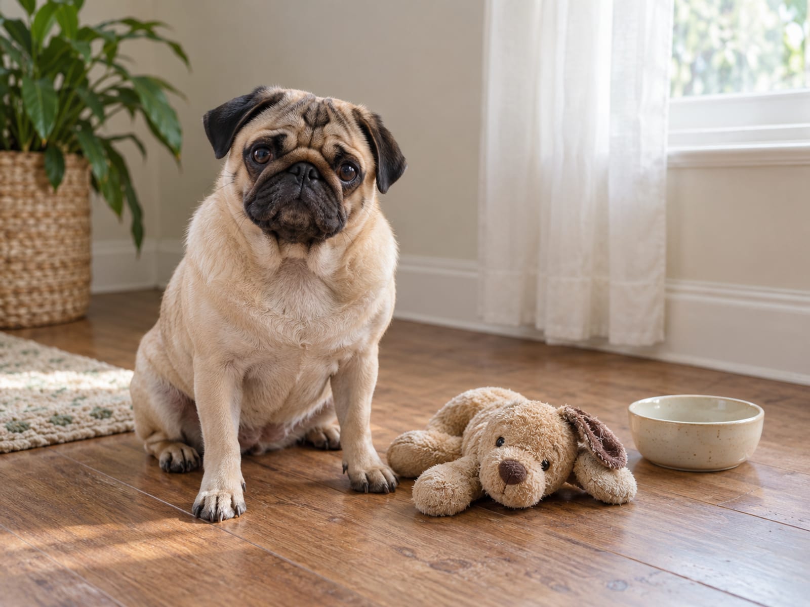 Fawn pug sitting on a wood floor beside a plain soft plush toy with intact seams, a small empty ceramic bowl nearby.