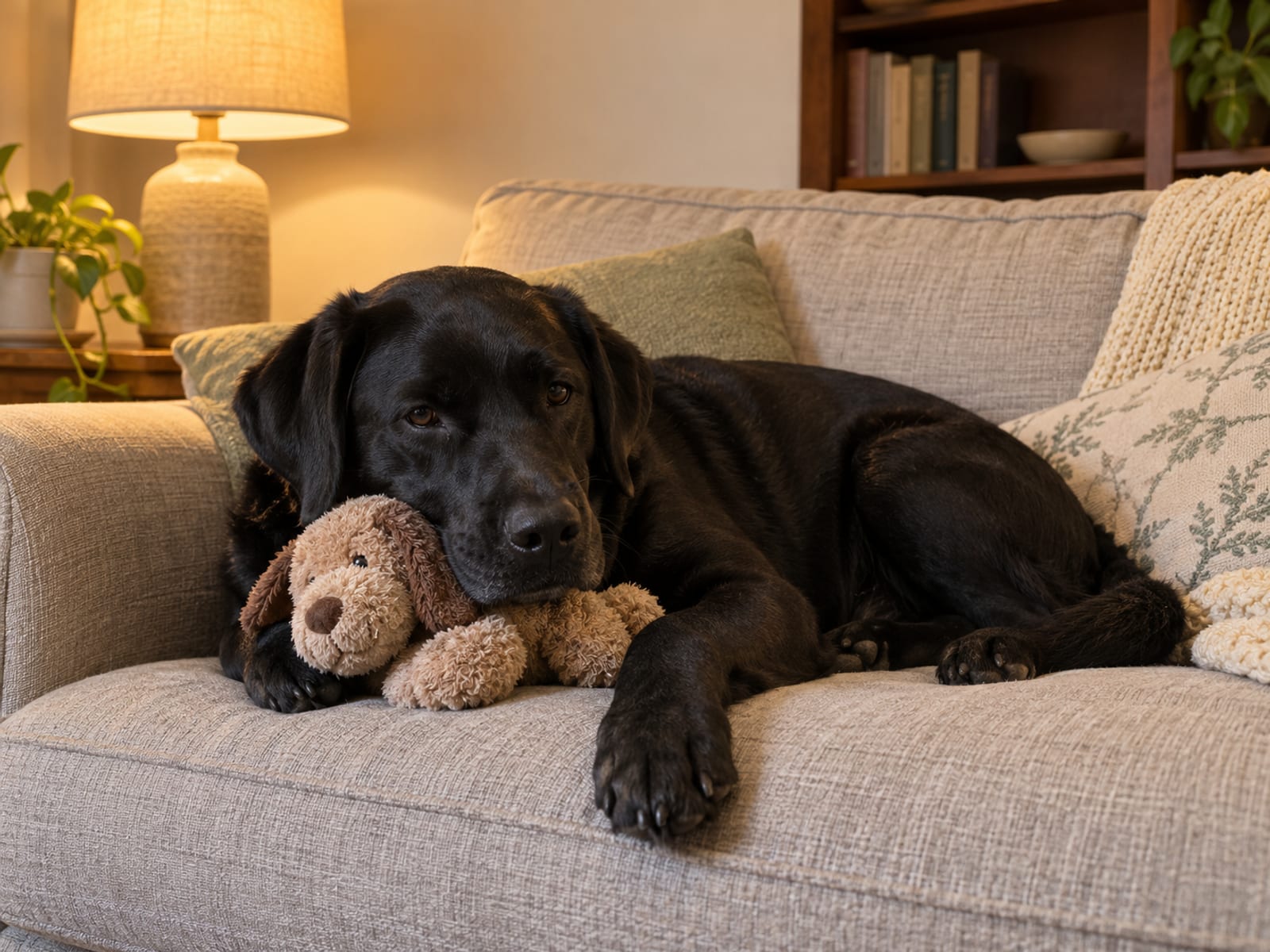 Black Labrador retriever lying on a sofa cushion with a plain plush toy tucked beside its chest.