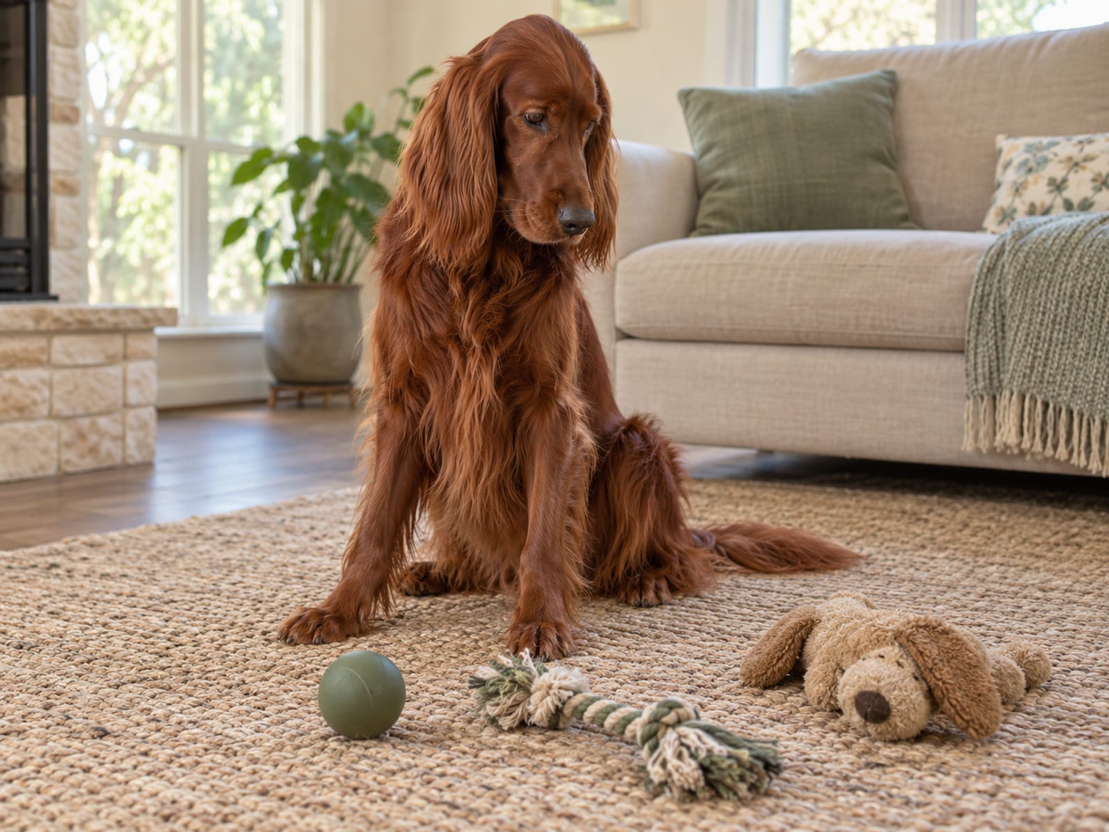 Red Irish setter sitting on a living room rug surrounded by a plain rubber ball, a rope tug toy and a soft plush toy.