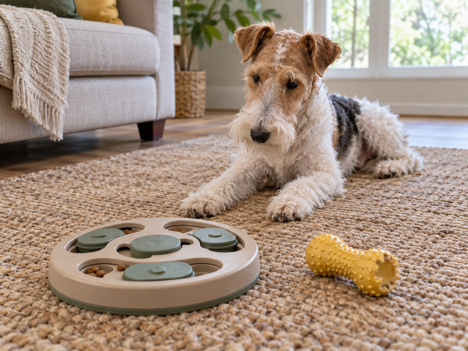 Food puzzle toy and a rubber chew on a living room rug with a wire fox terrier lying nearby looking at them
