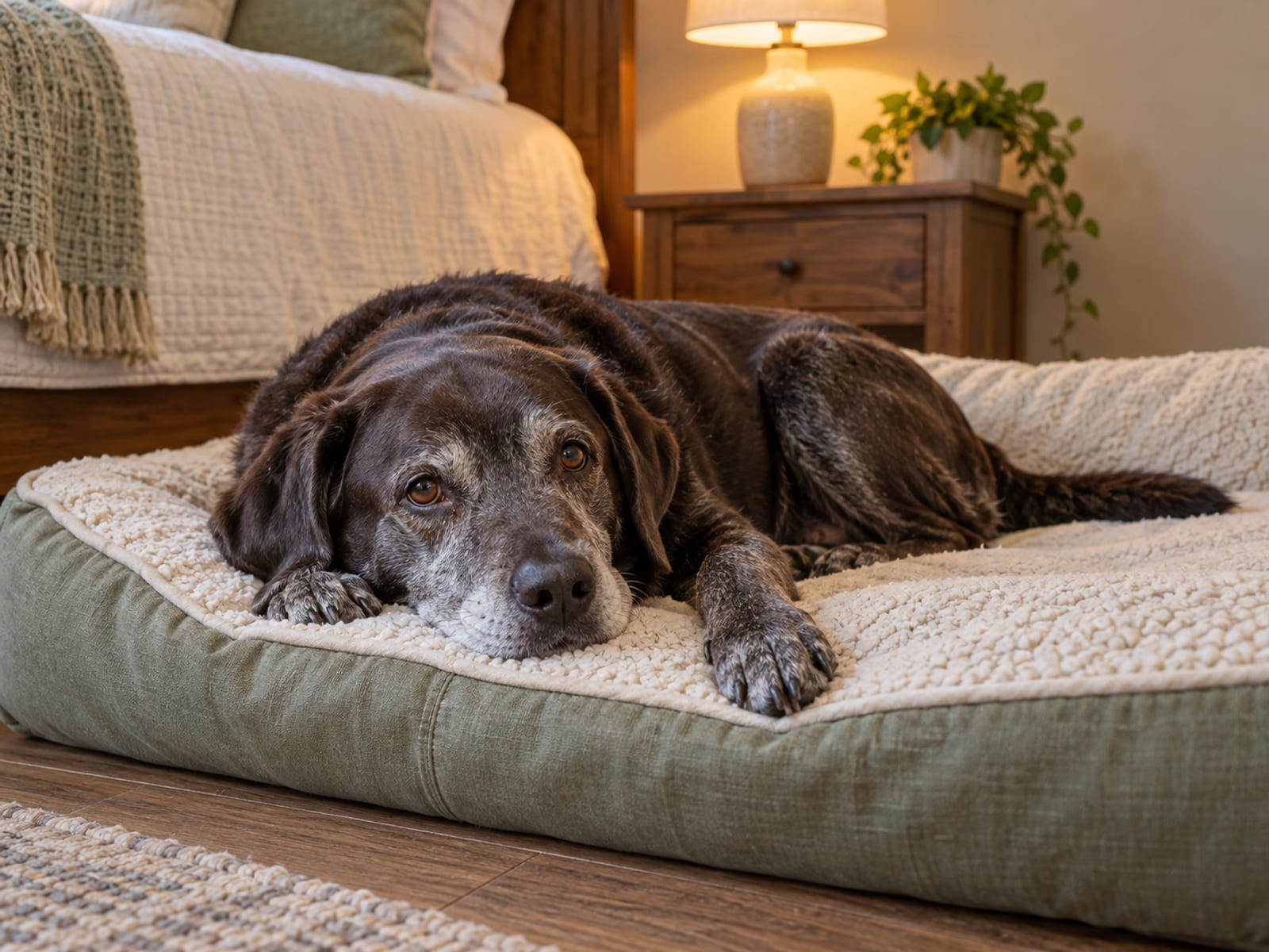 Gray muzzled Labrador mix lying on an orthopedic bed in a bedroom with relaxed open eyes