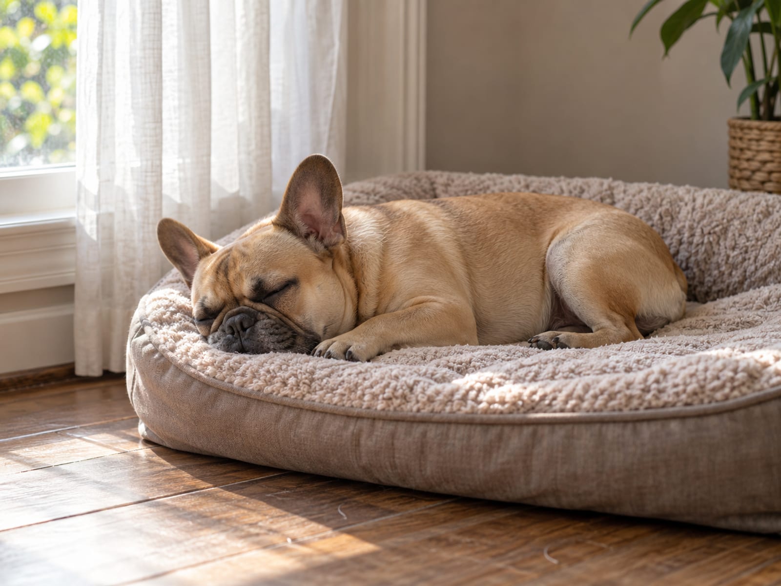 French bulldog asleep on a dog bed near a living room window, loose and relaxed in soft afternoon light