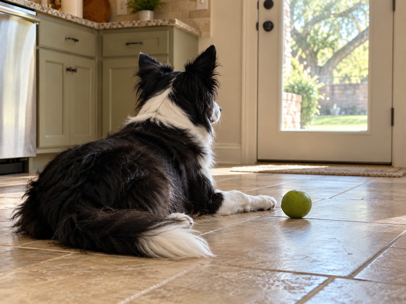 Young border collie lying on a kitchen floor watching a closed back door with a rubber ball beside it