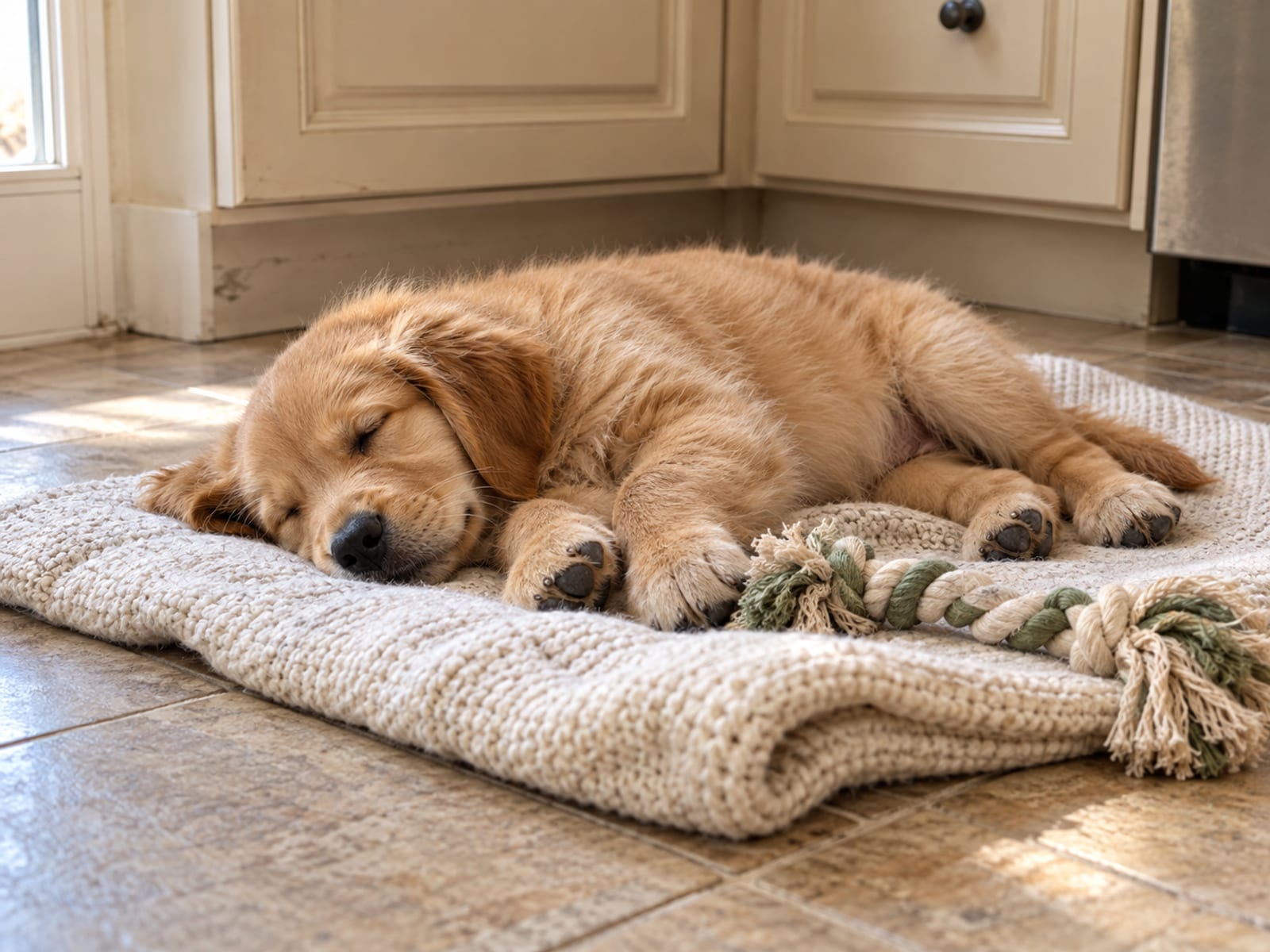 Golden retriever puppy asleep on its side on a folded blanket in a kitchen corner beside a plain chew toy