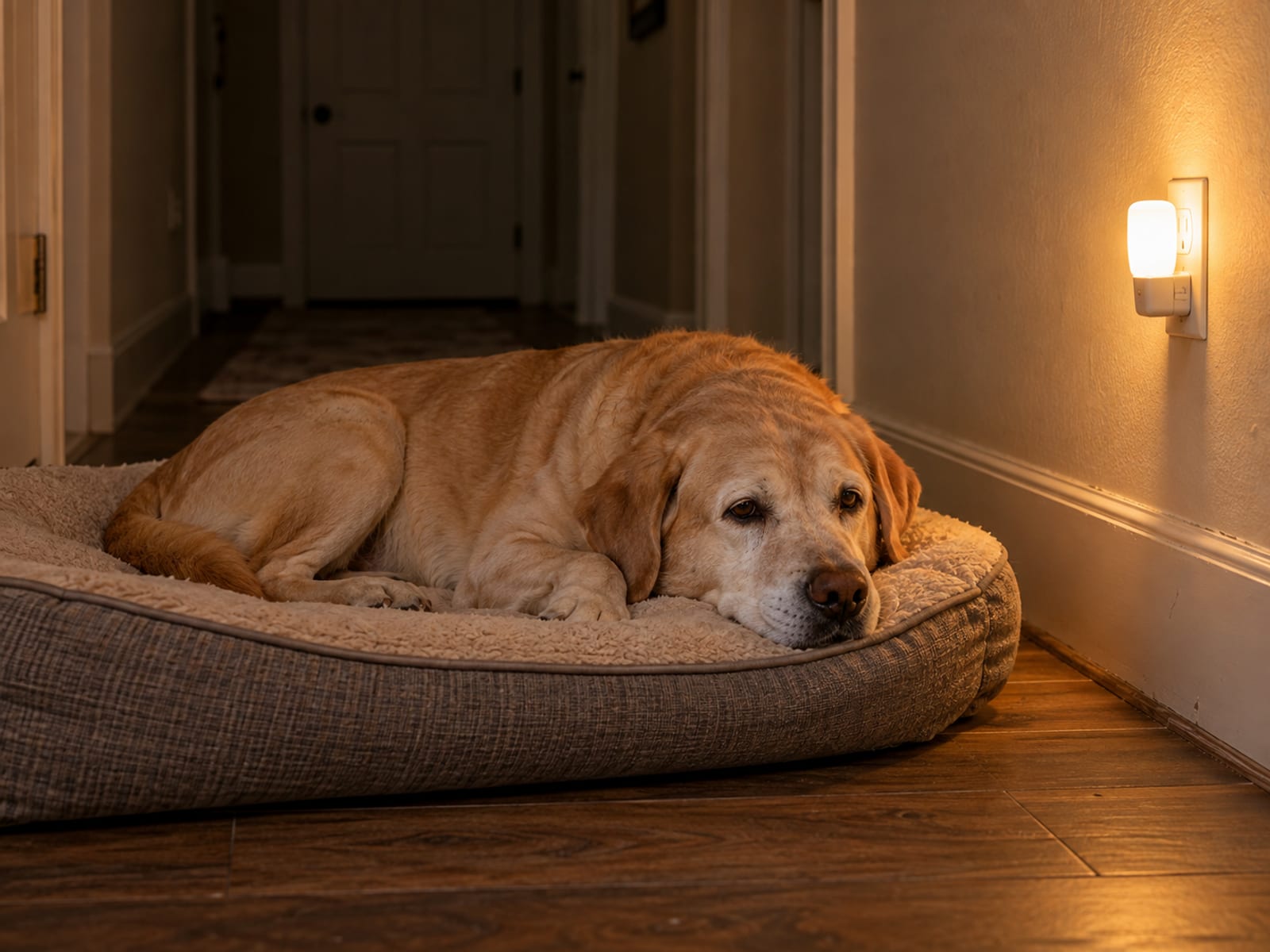 Senior Labrador retriever with a grey muzzle lying on a dog bed in a dim hallway beside a glowing plug-in nightlight