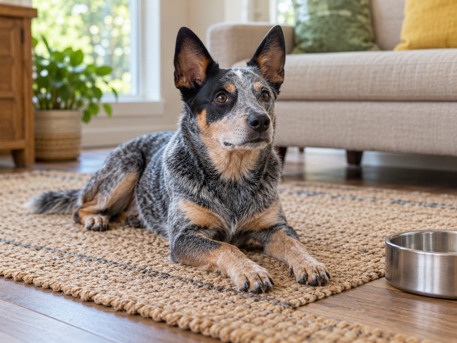 Alert Australian cattle dog lying on a living room rug with its head up and ears forward, a food bowl on the floor a few steps away