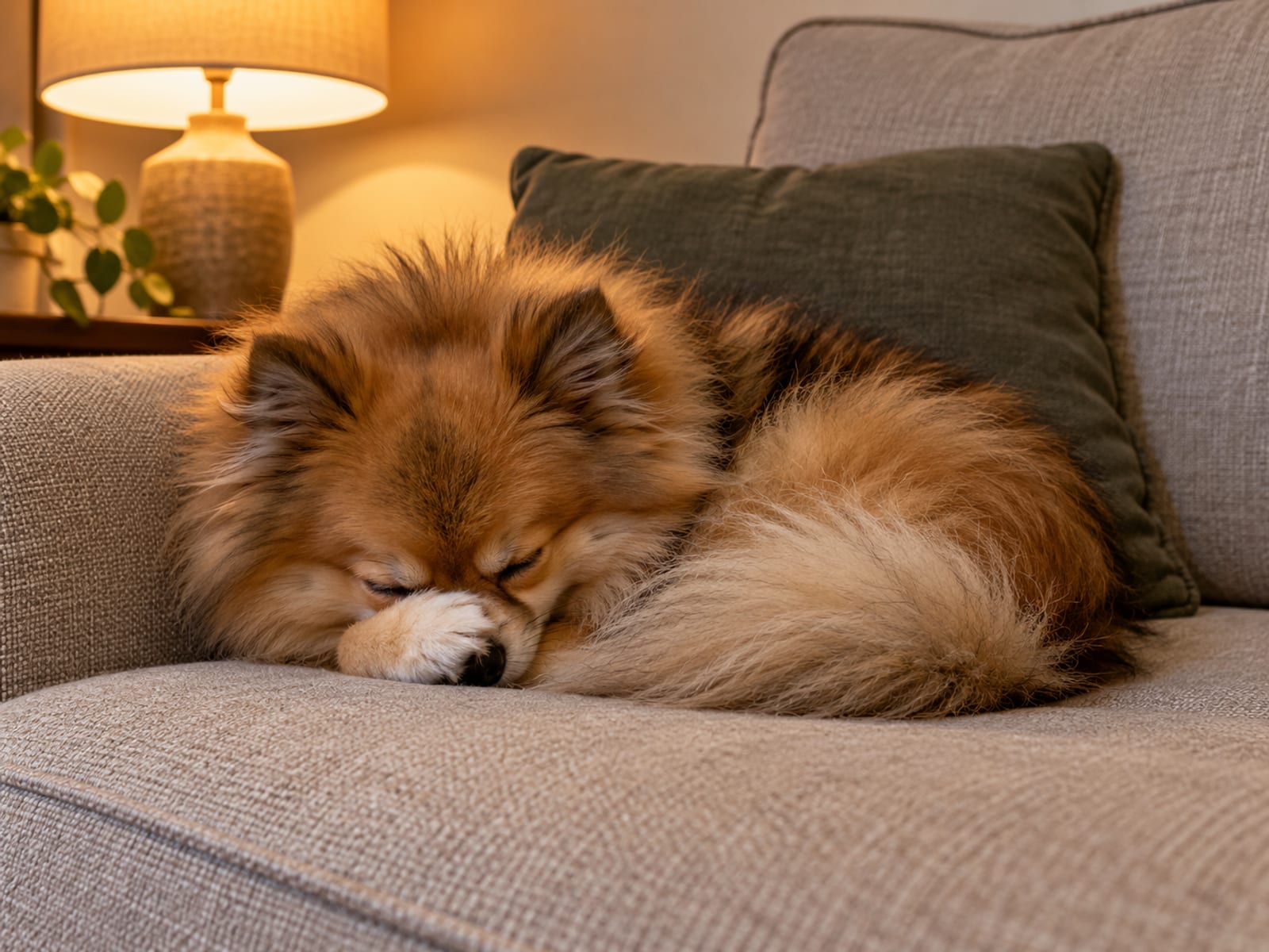 Sable Pomeranian curled on a sofa cushion with its eyes closed and one front paw resting over its nose