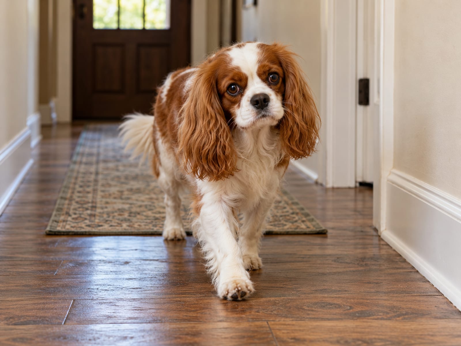 A Cavalier King Charles spaniel walking steadily across a wood-floored hallway with its head held level