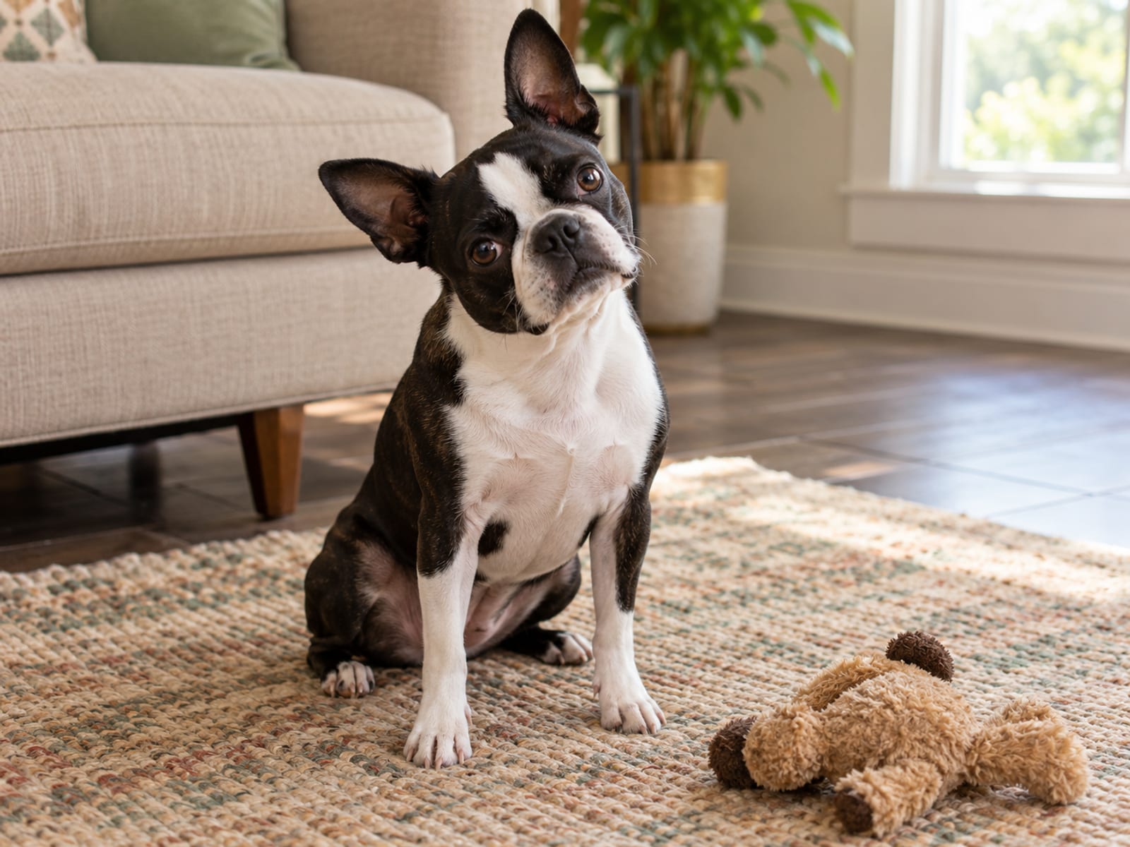 A Boston terrier sitting on a living room rug with ears up and head turned slightly toward a sound