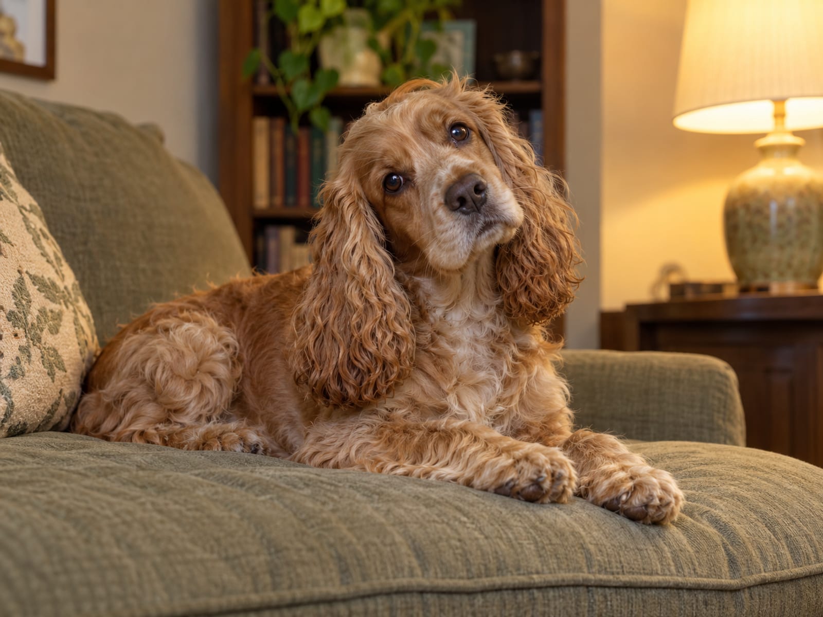 A cocker spaniel lying on a couch cushion in a quiet den with its ears hanging naturally and a lamp glowing beside it