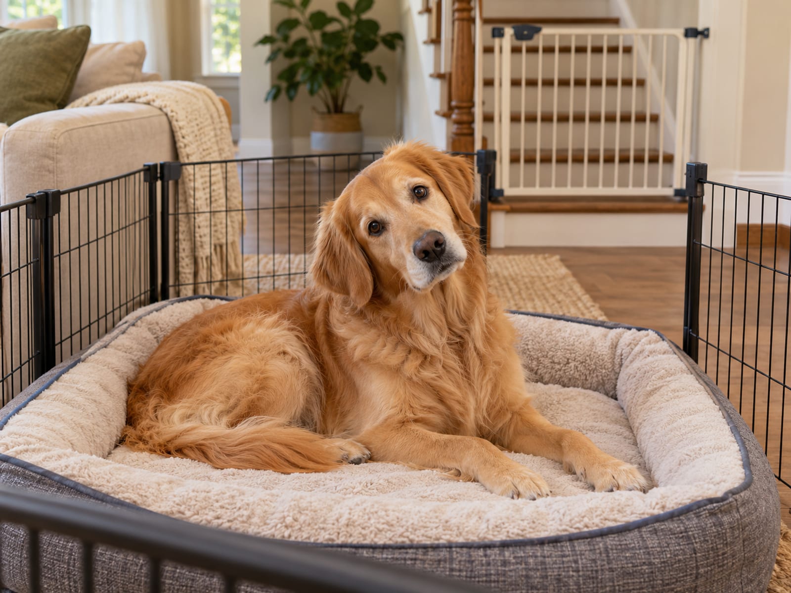 A golden retriever resting on a thick padded bed inside a small playpen with a baby gate across the stairs behind