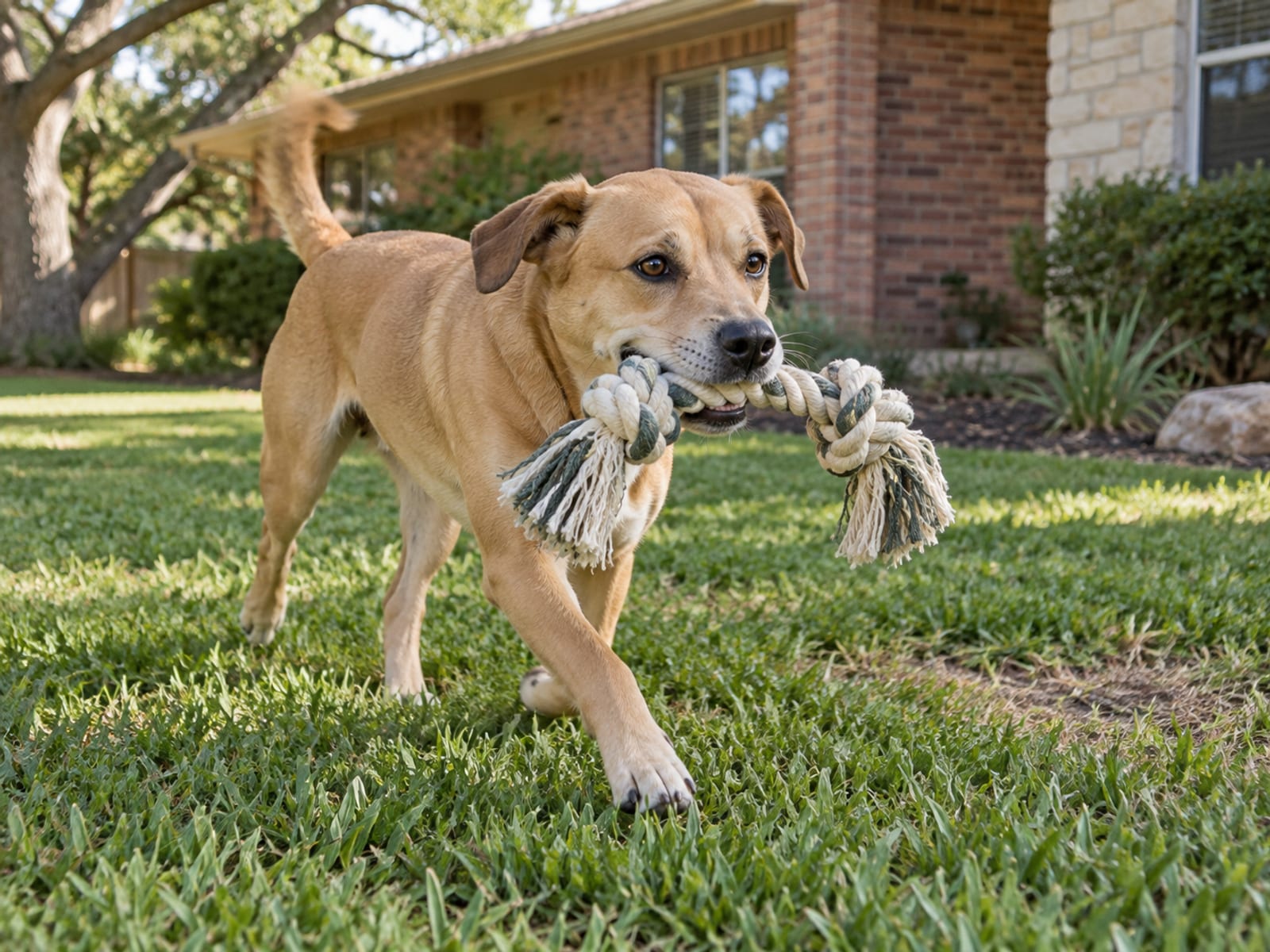 Tan mixed-breed dog trotting across a St. Augustine lawn with a rope toy in its mouth in front of a brick house