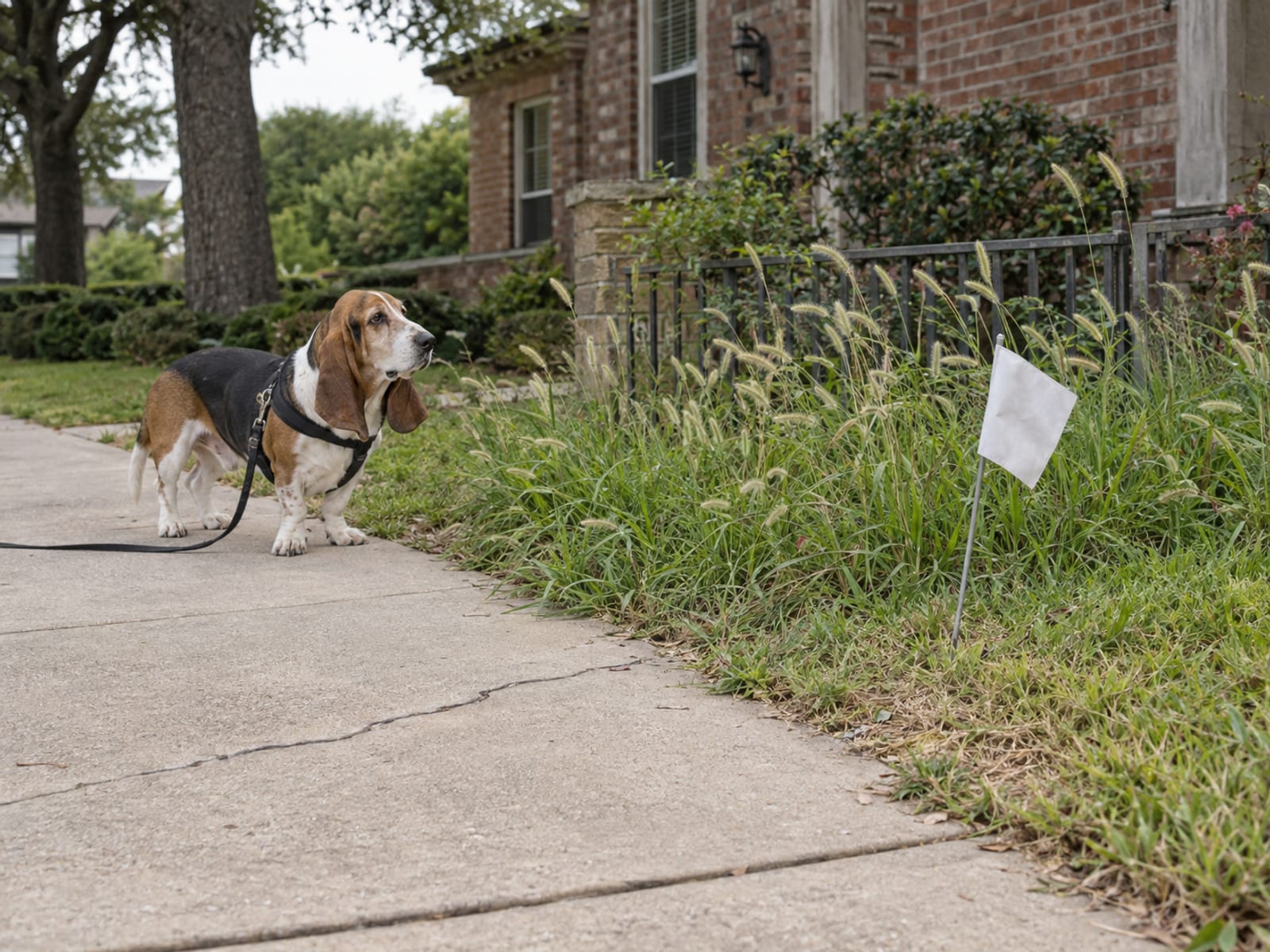 Basset hound standing on a sidewalk back from a front yard with a small plain lawn flag and tall seeding weeds along the fence