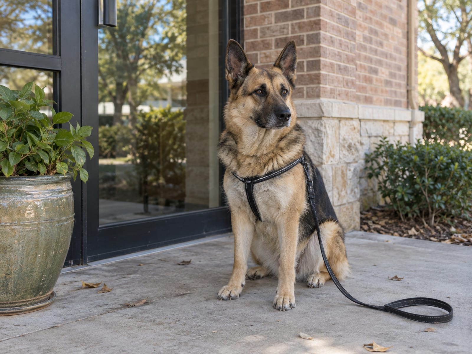 Shepherd mix sitting calmly beside the glass front door of a small brick veterinary clinic with its leash trailing onto the walkway