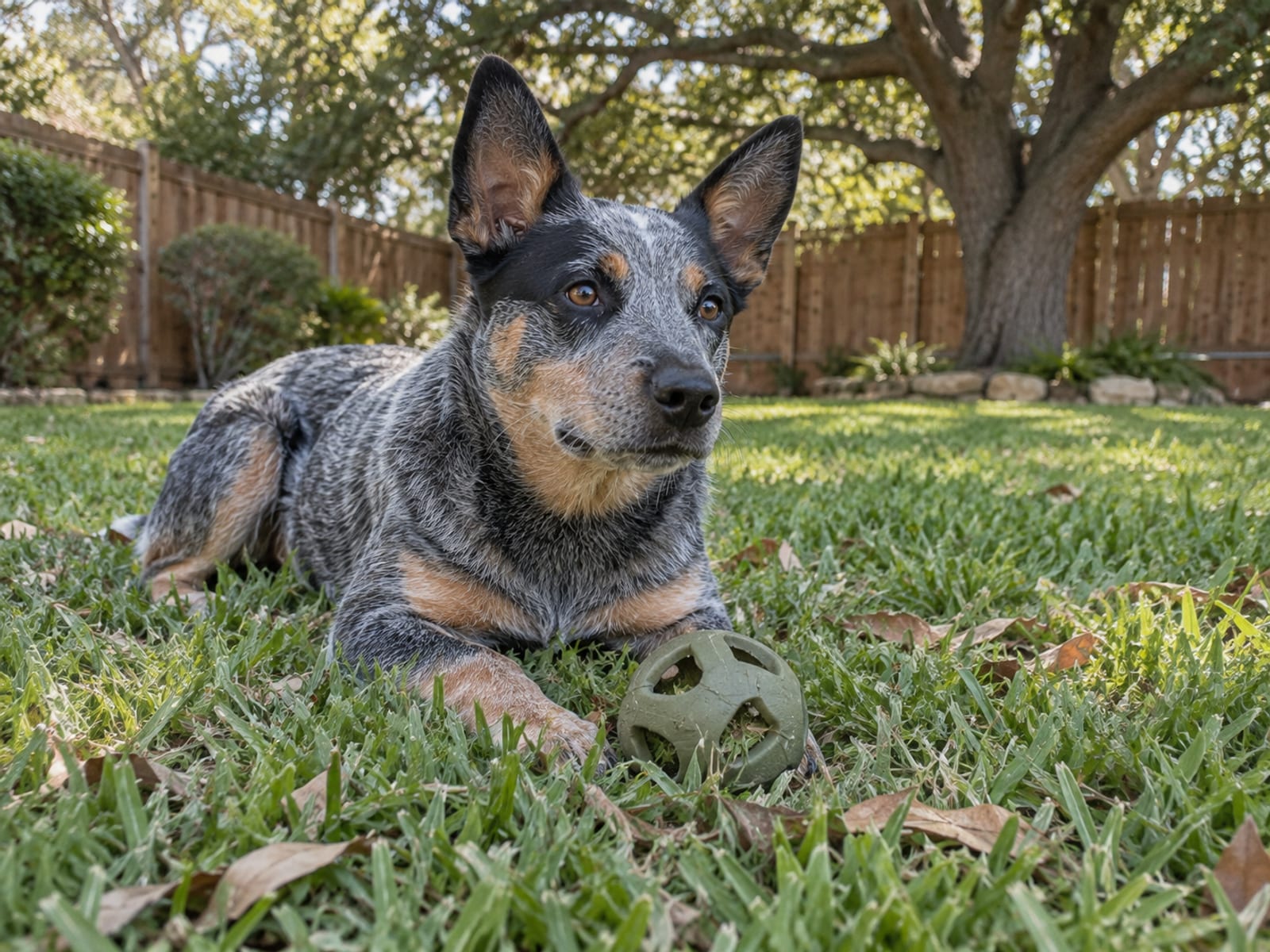 Young blue heeler lying alert in the grass beside a food puzzle toy in a fenced backyard