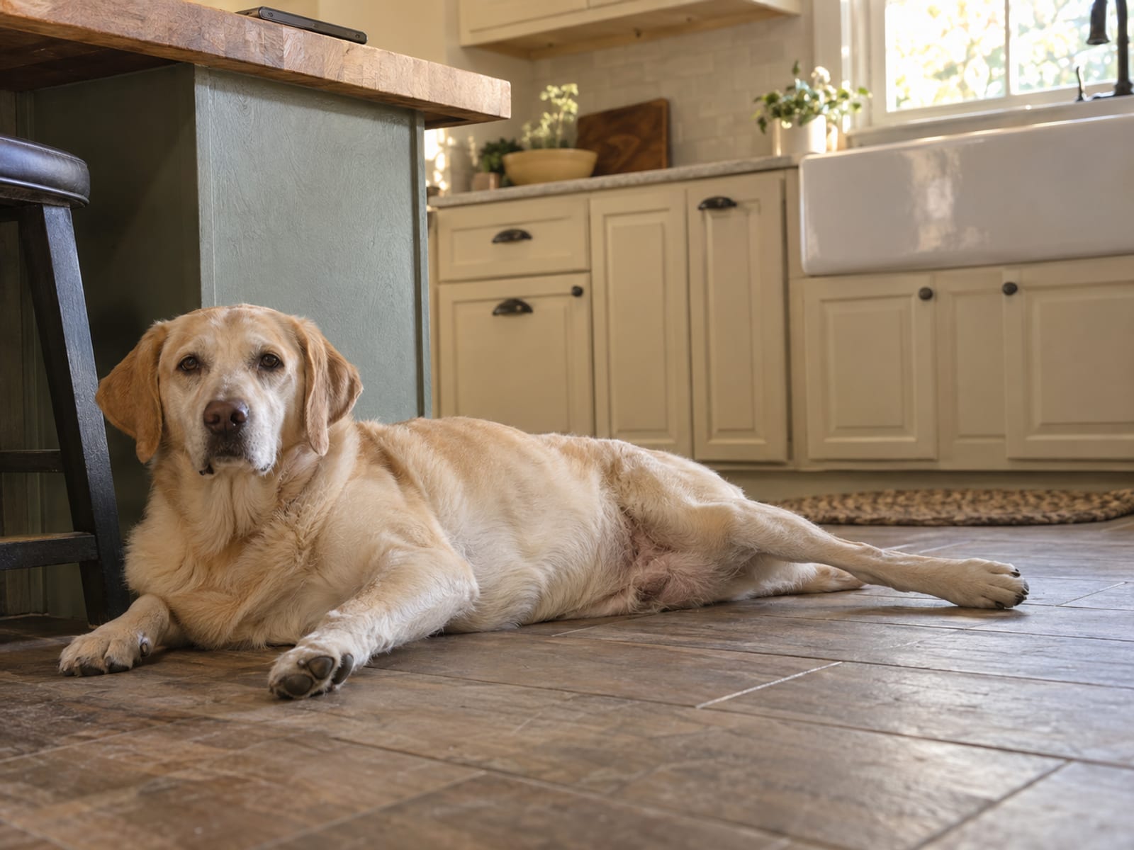 Labrador mestizo amarillo acostado en el piso de la cocina con una pata trasera estirada y un teléfono boca abajo en el mostrador de arriba