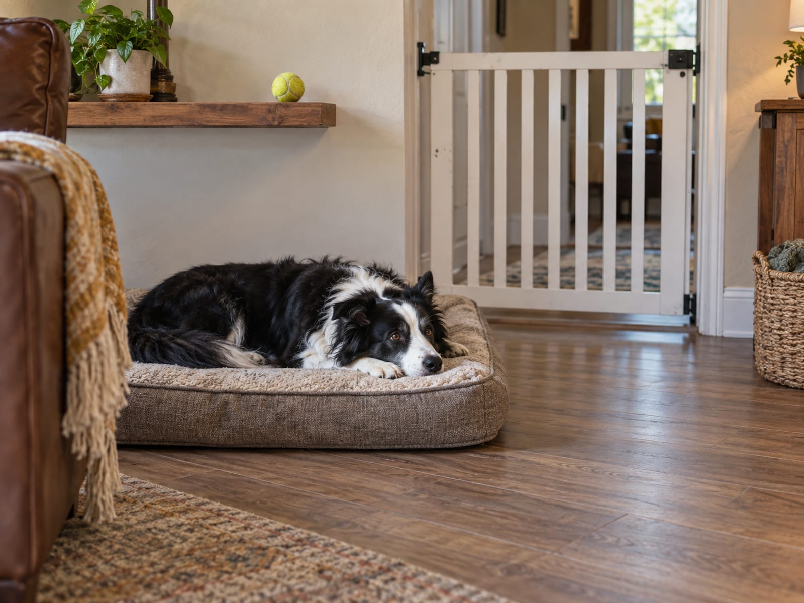 Border collie blanco y negro descansando en una cama para perro en una sala tranquila, con una reja para bebé cerrada en la entrada y una pelota en un estante