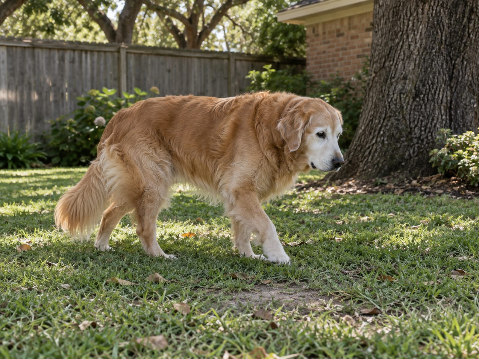 Golden retriever mayor de hocico canoso caminando despacio por el pasto del patio bajo la sombra de un encino