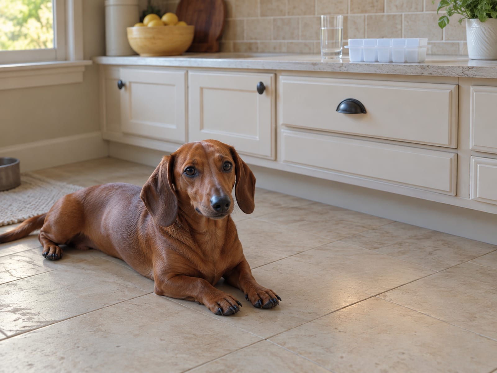 Pastillero sencillo y un vaso de agua colocados hasta el fondo del mostrador de la cocina, con un dachshund acostado en el piso de baldosas abajo