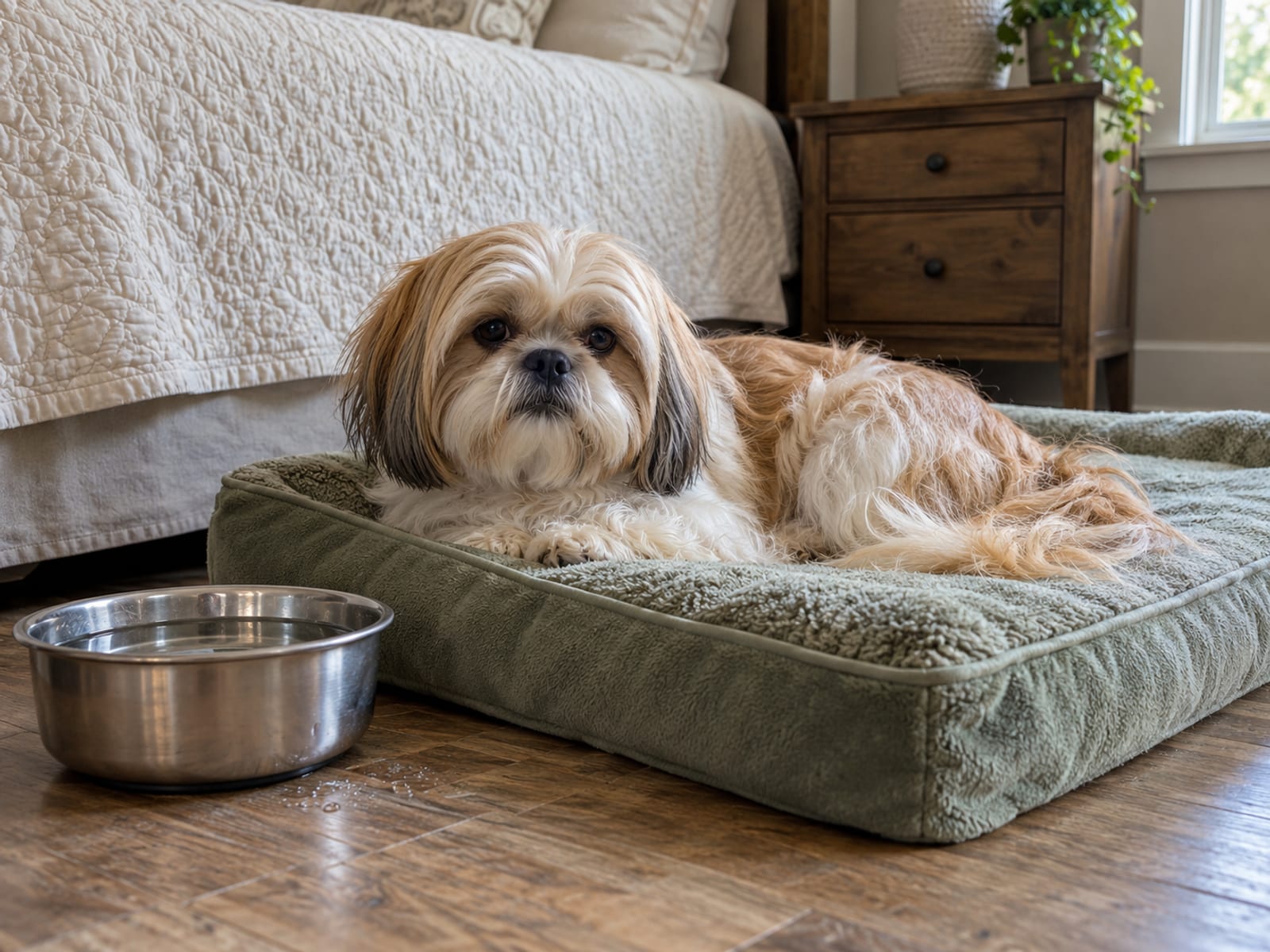 Gold and white Shih Tzu lying on an orthopedic dog bed in a quiet bedroom beside a full water bowl