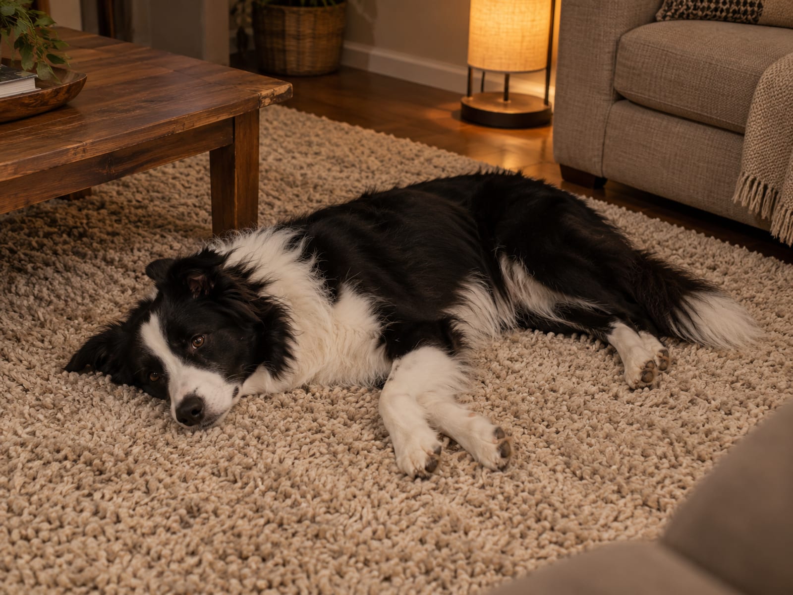 Black and white border collie lying calm and relaxed on a thick rug in a quiet lamplit living room