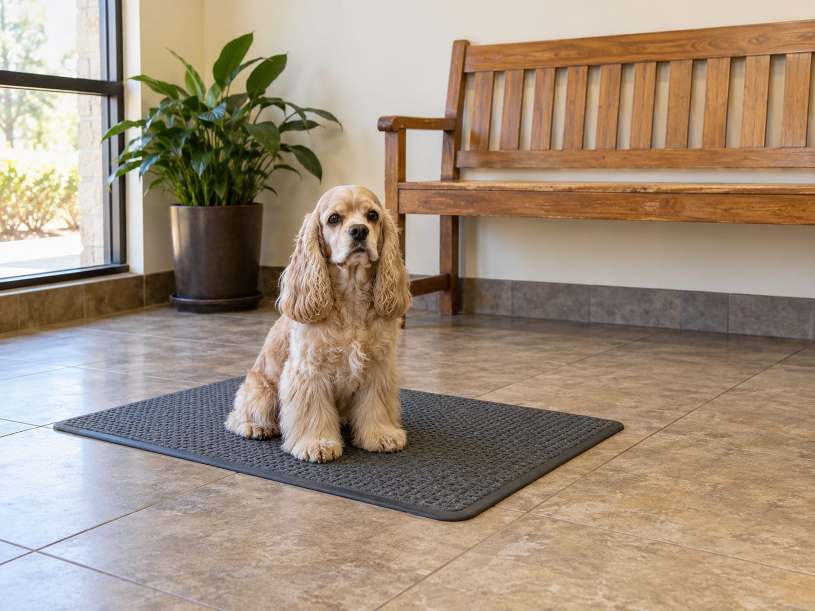 Buff cocker spaniel sitting calmly on a rubber mat in a bright veterinary waiting room beside a bench