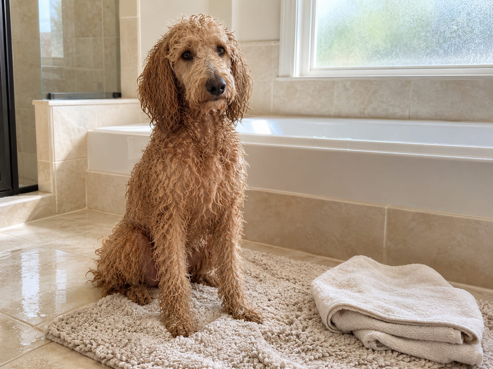 Apricot standard poodle with a damp curly coat sitting on a bath mat beside a folded towel in a bright bathroom